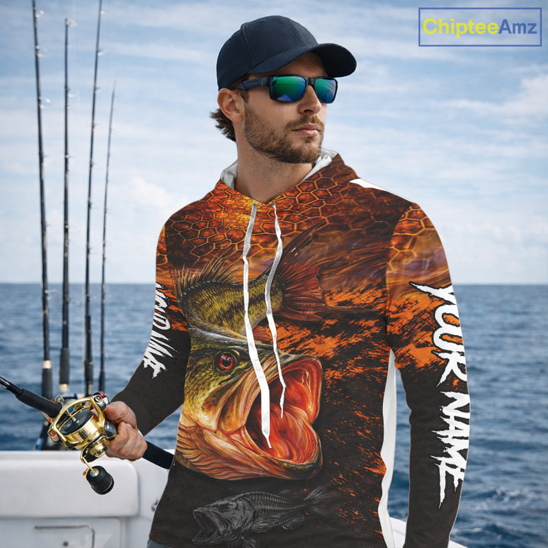 Personalized Big Bass Fishing Jerseys Orange Camo, Bass Fishing Shirt Long Sleeve Hooded NBT416
