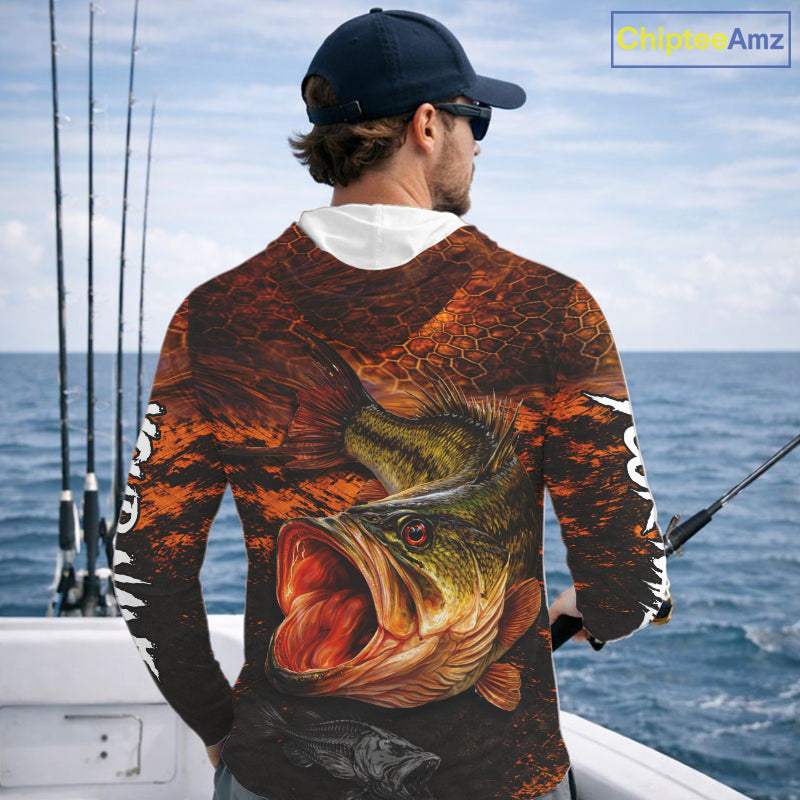 Personalized Big Bass Fishing Jerseys Orange Camo, Bass Fishing Shirt Long Sleeve Hooded NBT416