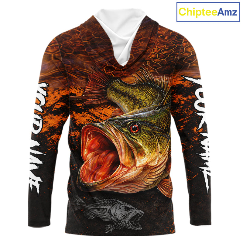 Personalized Big Bass Fishing Jerseys Orange Camo, Bass Fishing Shirt Long Sleeve Hooded NBT416