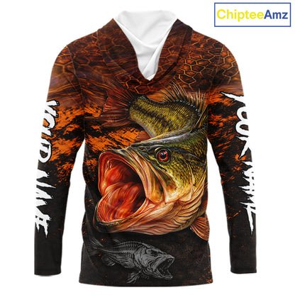 Personalized Big Bass Fishing Jerseys Orange Camo, Bass Fishing Shirt Long Sleeve Hooded NBT416