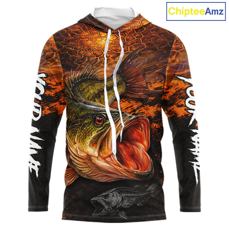 Personalized Big Bass Fishing Jerseys Orange Camo, Bass Fishing Shirt Long Sleeve Hooded NBT416