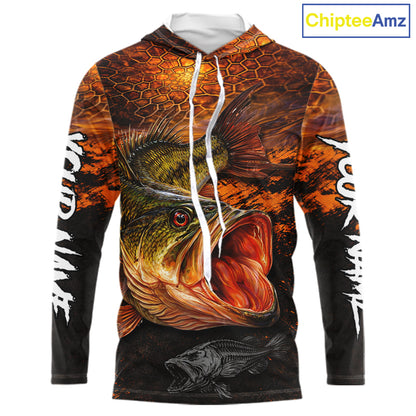Personalized Big Bass Fishing Jerseys Orange Camo, Bass Fishing Shirt Long Sleeve Hooded NBT416