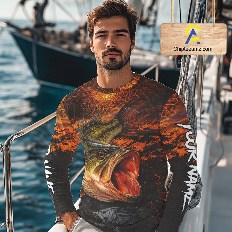 Personalized Big Bass Fishing Jerseys Orange Camo, Bass Fishing Shirts Long Sleeve NBT416