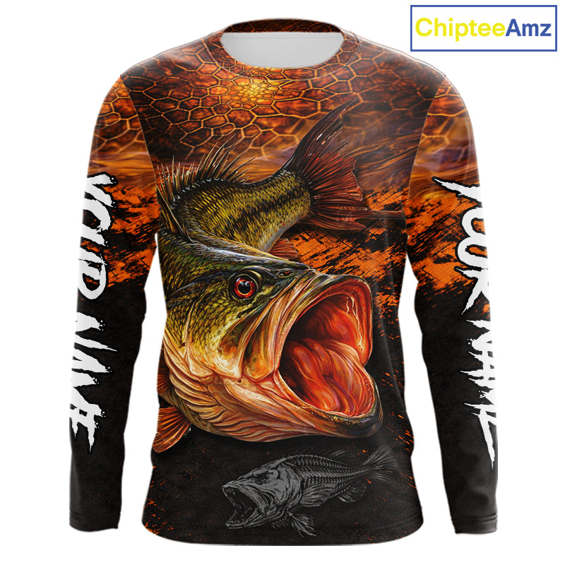 Personalized Big Bass Fishing Jerseys Orange Camo, Bass Fishing Shirts Long Sleeve NBT416