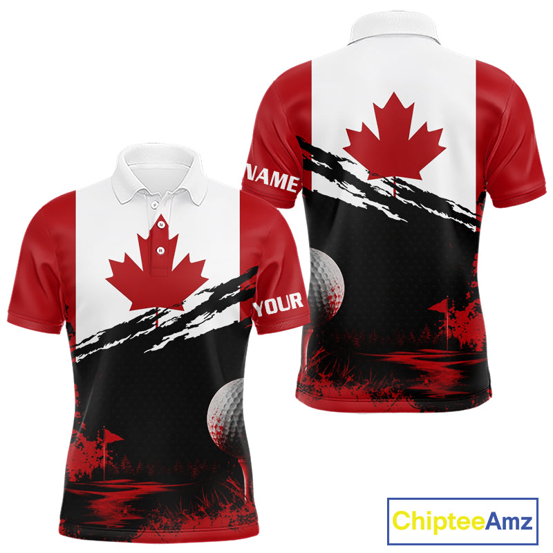 Canada Flag Patriotic Mens Golf Polo Shirt front and back view - red white Canada flag design, breathable polyester fabric, short sleeve Polo tailored fit, custom name shirt
