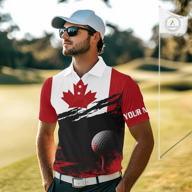 Man wearing Canada Flag Patriotic Golf Polo Shirt on golf course, red white Canada flag design, tailored fit breathable polyester, custom name shirt
