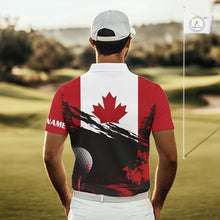 Load image into Gallery viewer, Man wearing Canada Flag Patriotic Golf Polo Shirt on golf course, red white Canada flag design, tailored fit breathable polyester, custom name shirt