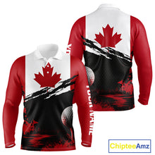 Load image into Gallery viewer, Canada Flag Patriotic Mens Golf Polo Shirt front and back view - red white Canada flag design, breathable polyester fabric, long sleeve Polo tailored fit, custom name shirt