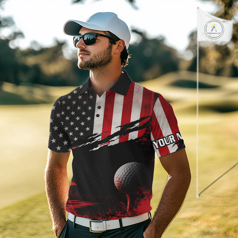 Man wearing American Flag Patriotic Golf Polo Shirt on golf course, red white American flag design, tailored fit breathable polyester, custom name shirt