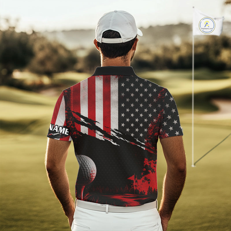 Man wearing American Flag Patriotic Golf Polo Shirt on golf course, red white American flag design, tailored fit breathable polyester, custom name shirt