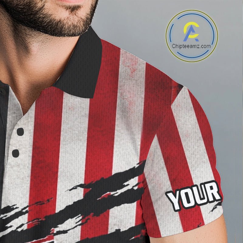 Close-up fabric of American Flag Patriotic Golf Polo Shirt