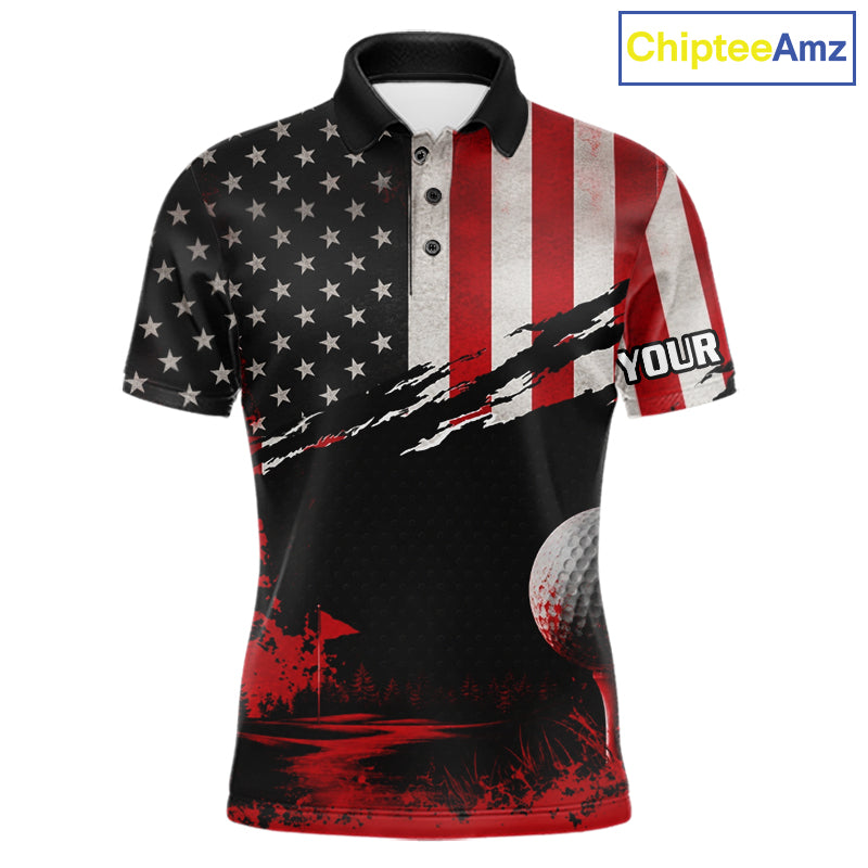 American Flag Patriotic Mens Golf Polo Shirt front view - red white American flag design, breathable polyester fabric, short sleeve Polo tailored fit, custom name shirt