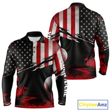 Load image into Gallery viewer, American Flag Patriotic Mens Long Sleeve Golf Polo Shirt front and back view - red white American flag design, breathable polyester fabric, short sleeve Polo tailored fit, custom name shirt