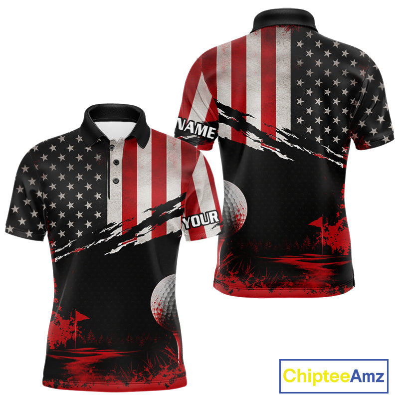 American Flag Patriotic Mens Golf Polo Shirt front and back view - red white American flag design, breathable polyester fabric, short sleeve Polo tailored fit, custom name shirt