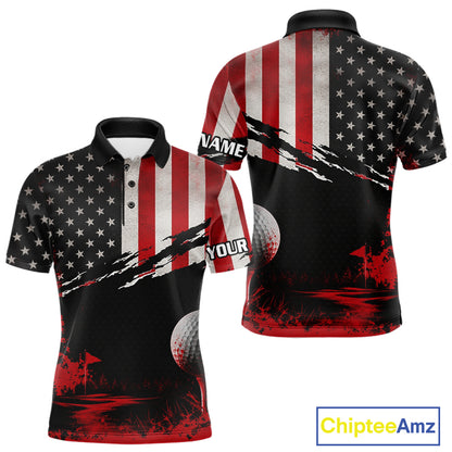 American Flag Patriotic Mens Golf Polo Shirt front and back view - red white American flag design, breathable polyester fabric, short sleeve Polo tailored fit, custom name shirt