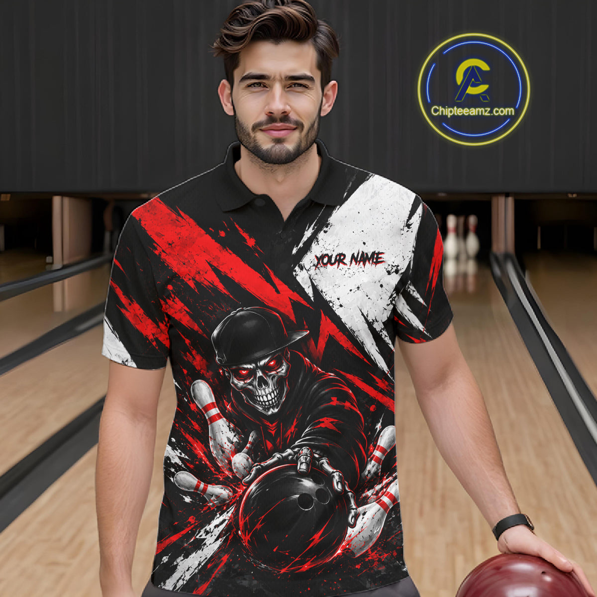 Black And Red Custom Skull Mens Bowling Shirt Team Outfit For Bowlers NBT1168