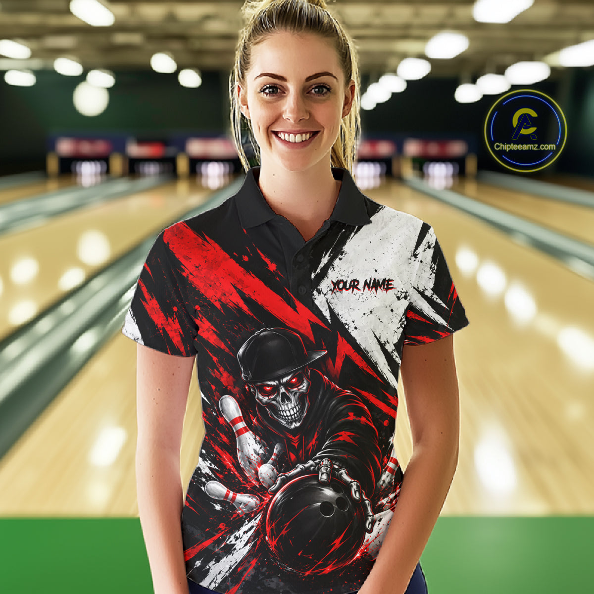 Black And Red Custom Skull Womens Bowling Shirt Team Outfit For Bowlers NBT1168