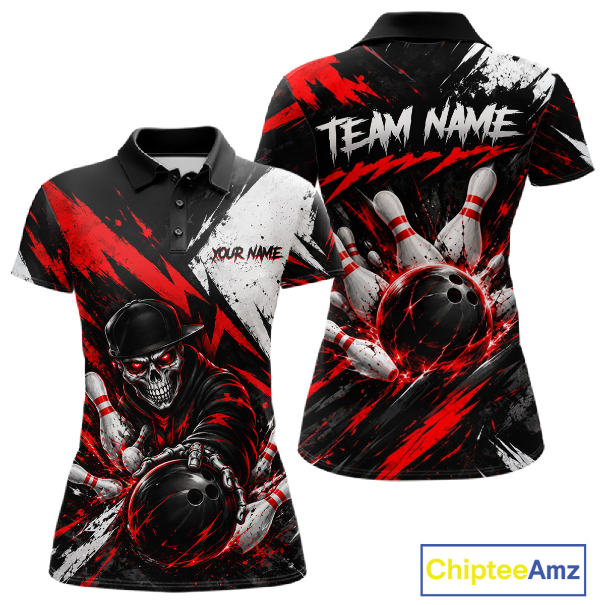 Black And Red Custom Skull Womens Bowling Shirt Team Outfit For Bowlers NBT1168