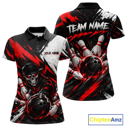 Black And Red Custom Skull Womens Bowling Shirt Team Outfit For Bowlers NBT1168