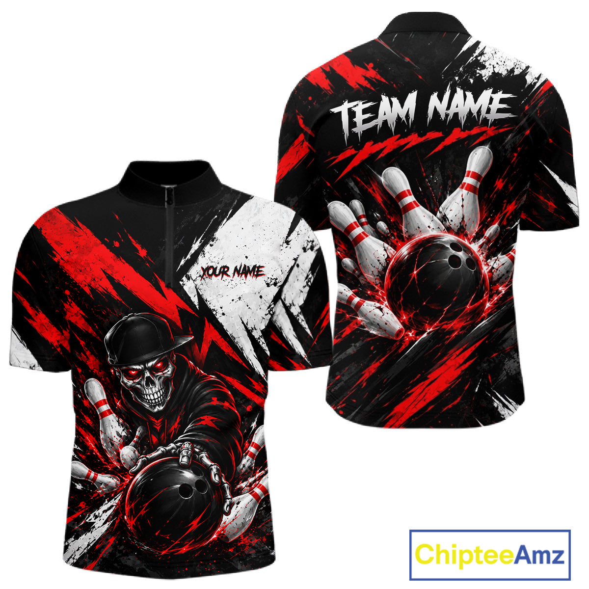 Black And Red Custom Skull Mens Bowling Shirt Team Outfit For Bowlers NBT1168