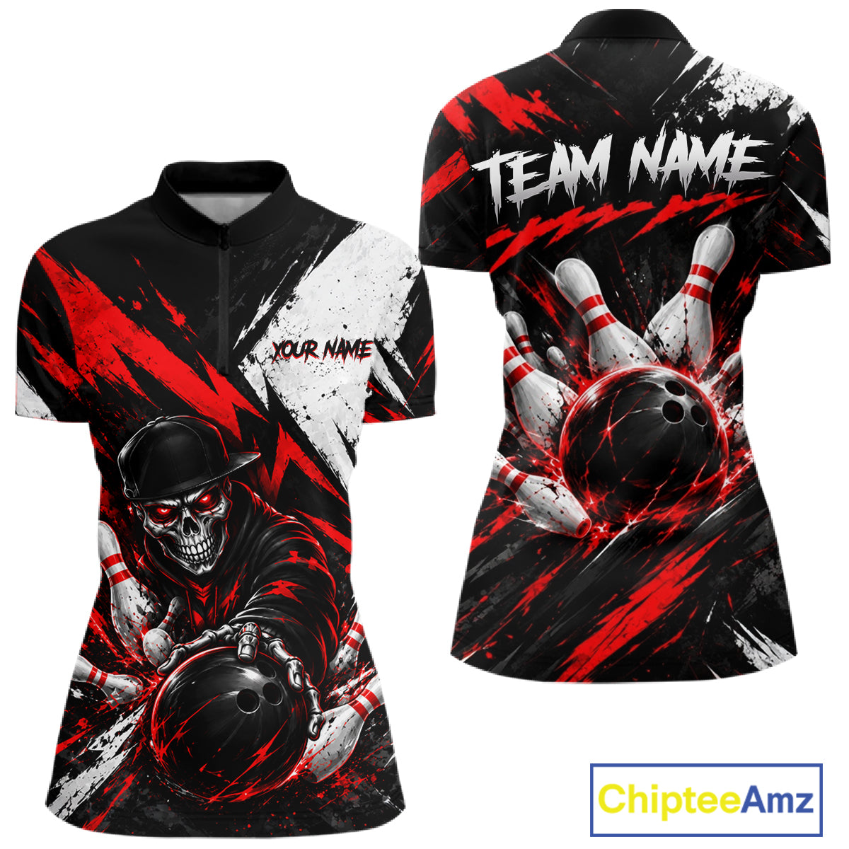 Black And Red Custom Skull Womens Bowling Shirt Team Outfit For Bowlers NBT1168