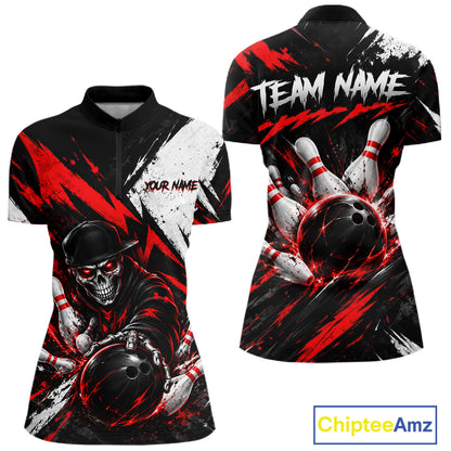 Black And Red Custom Skull Womens Bowling Shirt Team Outfit For Bowlers NBT1168