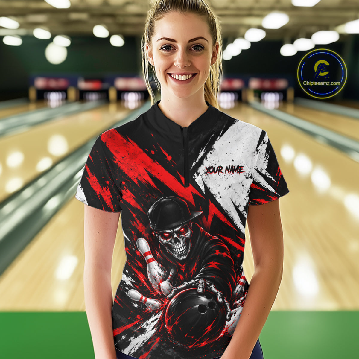 Black And Red Custom Skull Womens Bowling Shirt Team Outfit For Bowlers NBT1168