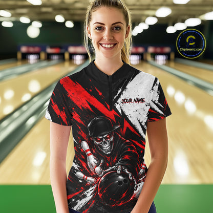 Black And Red Custom Skull Womens Bowling Shirt Team Outfit For Bowlers NBT1168