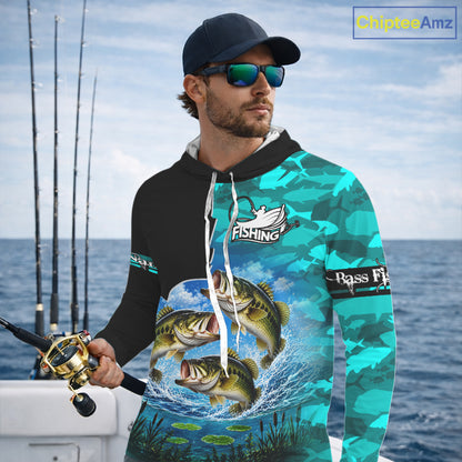 Custom Blue Camo Bass Fishing Long Sleeve Hooded Fishing Shirts, Personalized Bass Fishing Team Jerseys NBT1171