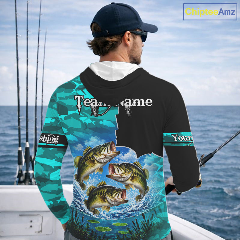 Custom Blue Camo Bass Fishing Long Sleeve Hooded Fishing Shirts, Personalized Bass Fishing Team Jerseys NBT1171