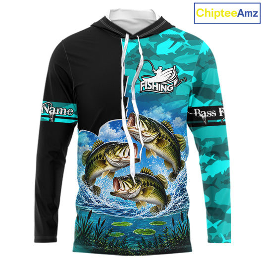 Custom Blue Camo Bass Fishing Long Sleeve Hooded Fishing Shirts, Personalized Bass Fishing Team Jerseys NBT1171