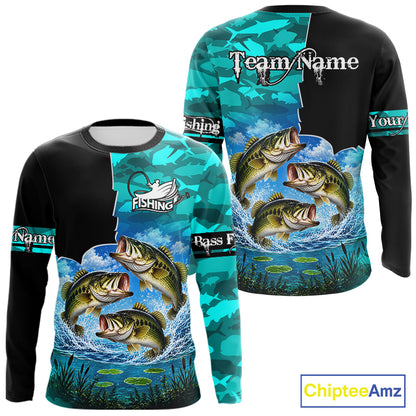Custom Blue Camo Bass Fishing Long Sleeve Fishing Shirts, Personalized Bass Fishing Team Jerseys NBT1171