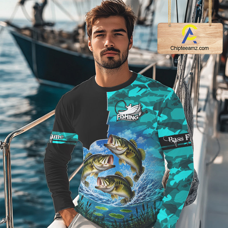 Custom Blue Camo Bass Fishing Long Sleeve Fishing Shirts, Personalized Bass Fishing Team Jerseys NBT1171