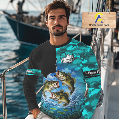 Custom Blue Camo Bass Fishing Long Sleeve Fishing Shirts, Personalized Bass Fishing Team Jerseys NBT1171