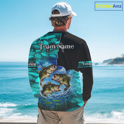 Custom Blue Camo Bass Fishing Long Sleeve Fishing Shirts, Personalized Bass Fishing Team Jerseys NBT1171