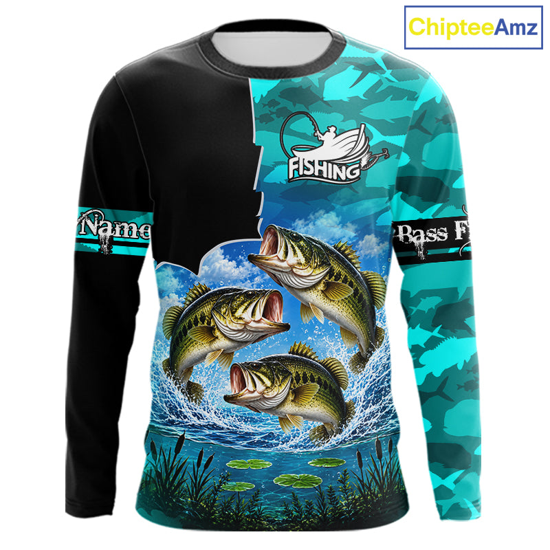Custom Blue Camo Bass Fishing Long Sleeve Fishing Shirts, Personalized Bass Fishing Team Jerseys NBT1171