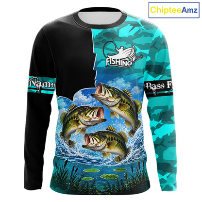 Custom Blue Camo Bass Fishing Long Sleeve Fishing Shirts, Personalized Bass Fishing Team Jerseys NBT1171