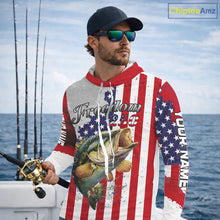 Load image into Gallery viewer, Freedom 250 Bass Long Sleeve Hooded Fishing Shirts American Flag Fishing, Custom Bass Shirts With US Flag NBT374