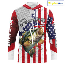 Load image into Gallery viewer, Freedom 250 Bass Long Sleeve Hooded Fishing Shirts American Flag Fishing, Custom Bass Shirts With US Flag NBT374