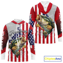 Load image into Gallery viewer, Freedom 250 Bass Long Sleeve Hooded Fishing Shirts American Flag Fishing, Custom Bass Shirts With US Flag NBT374