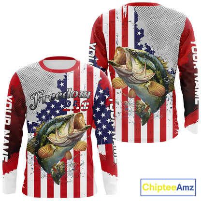 Freedom 250 Bass Fishing Shirts Long Sleeve American Flag Fishing, Custom Bass Shirts With US Flag NBT374