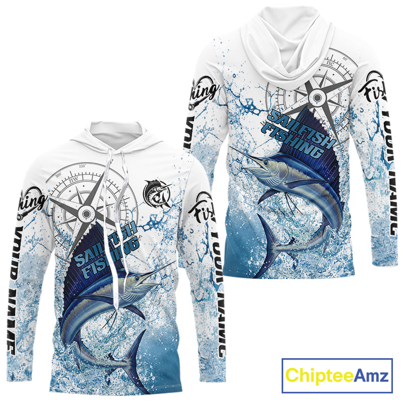 Custom Sailfish Long Sleeve Hooded Fishing Shirts Saltwater Fish, Compass Offshore Tournament Fishing Shirts NBT375