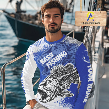 Blue Camo Bass Fishing Jerseys For Fishing Team, Bass Skeleton Fishing Shirts Long Sleeve NBT418