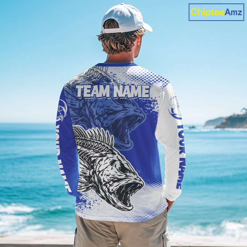 Blue Camo Bass Fishing Jerseys For Fishing Team, Bass Skeleton Fishing Shirts Long Sleeve NBT418