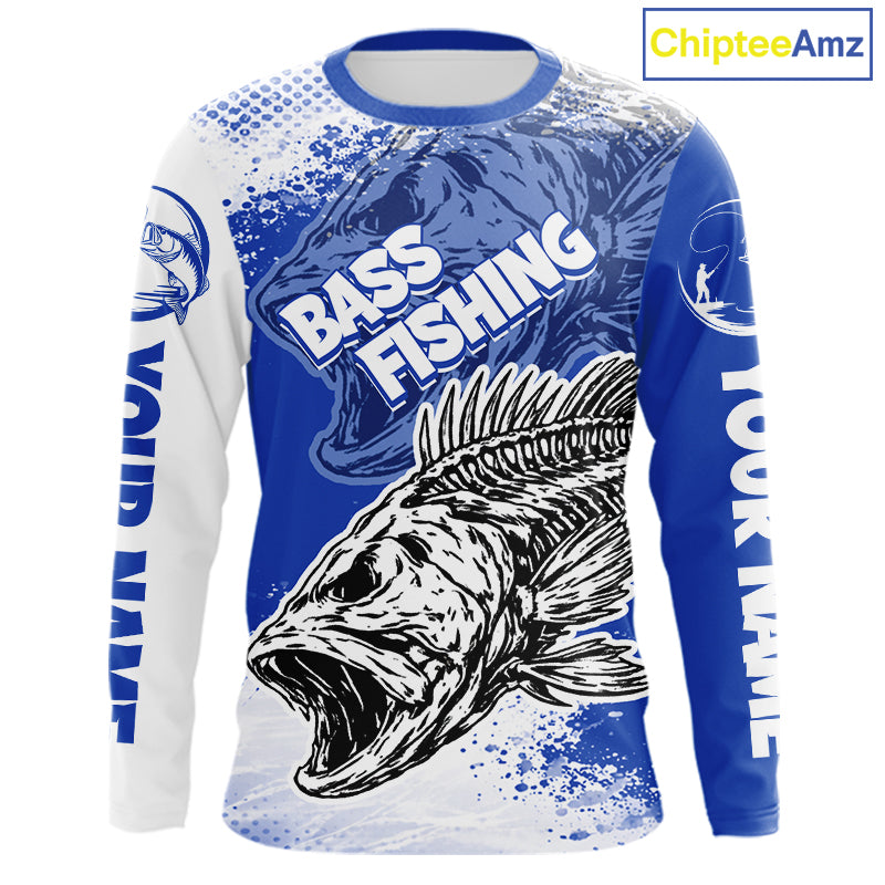 Blue Camo Bass Fishing Jerseys For Fishing Team, Bass Skeleton Fishing Shirts Long Sleeve NBT418