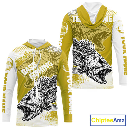 Yellow Camo Bass Fishing Jerseys For Fishing Team, Bass Skeleton Fishing Shirt Long Sleeve Hooded NBT419