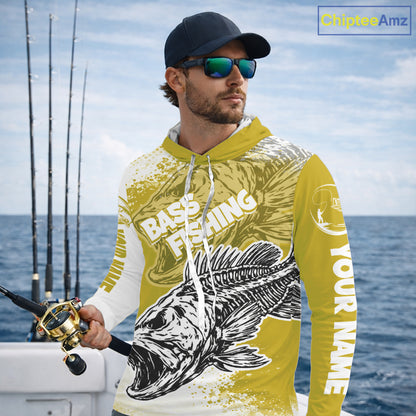 Yellow Camo Bass Fishing Jerseys For Fishing Team, Bass Skeleton Fishing Shirt Long Sleeve Hooded NBT419
