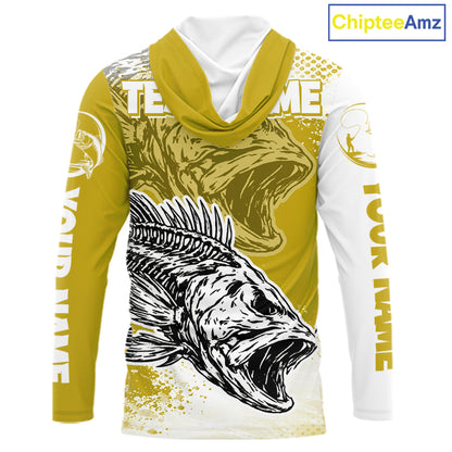 Yellow Camo Bass Fishing Jerseys For Fishing Team, Bass Skeleton Fishing Shirt Long Sleeve Hooded NBT419