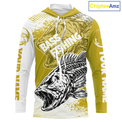 Yellow Camo Bass Fishing Jerseys For Fishing Team, Bass Skeleton Fishing Shirt Long Sleeve Hooded NBT419