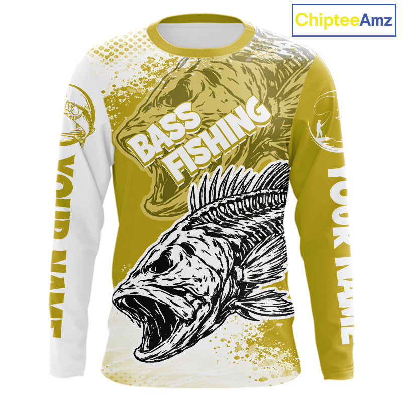 Yellow Camo Bass Fishing Jerseys For Fishing Team, Bass Skeleton Fishing Shirts Long Sleeve NBT419